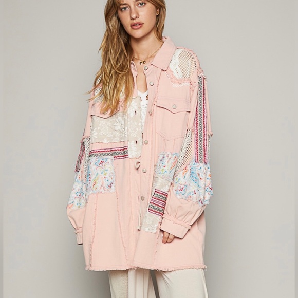 POL jacket patchwork denim mesh floral pink pocket distressed NWT - Picture 2 of 7